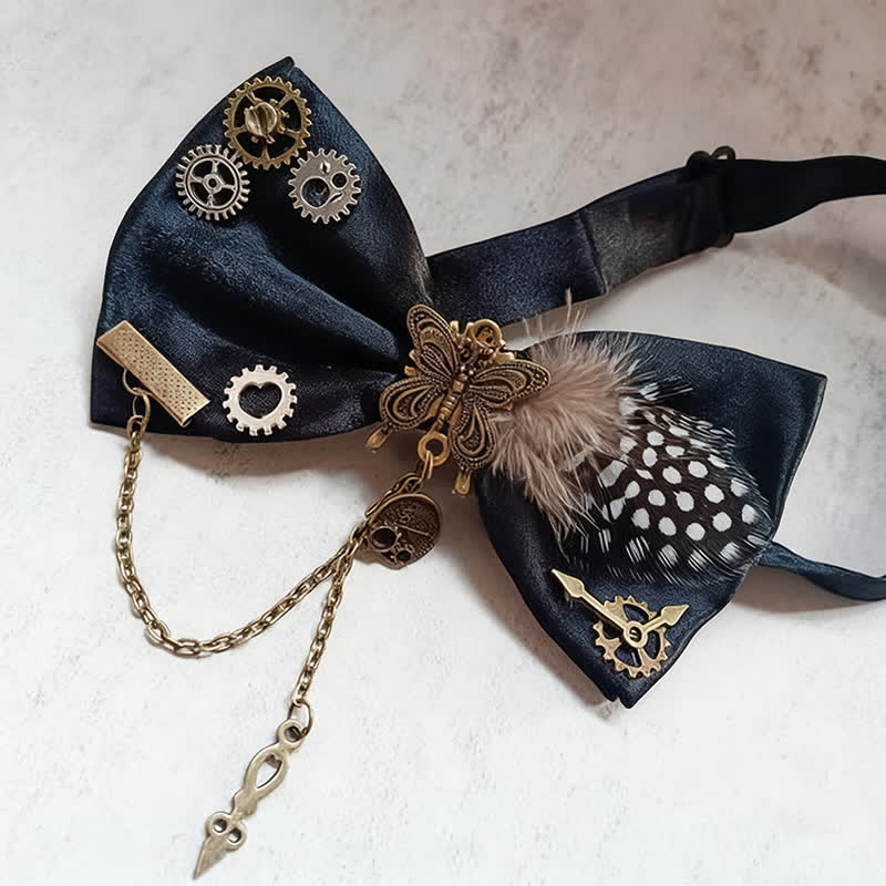 Nœud papillon à plumes et pois blancs style steampunk - image 1