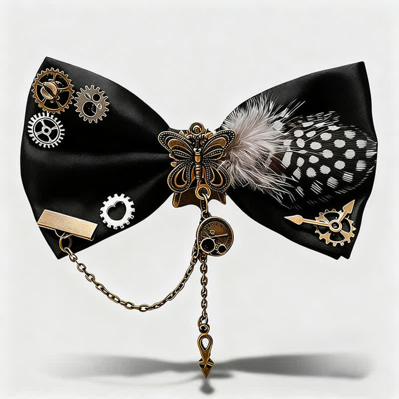 Nœud papillon à plumes et pois blancs style steampunk - Noir - image 0