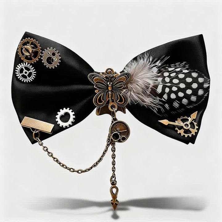 Nœud papillon à plumes et pois blancs style steampunk - Noir - image 0