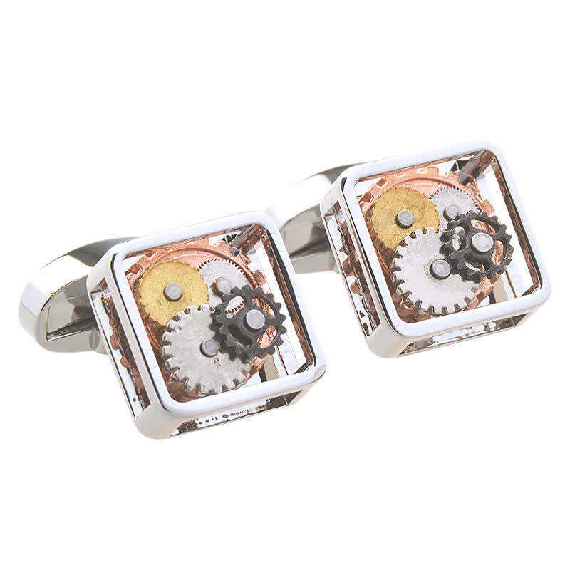 Boutons de manchette carrés pour hommes, motif mécanique, engrenages Steampunk - Argent - image 0