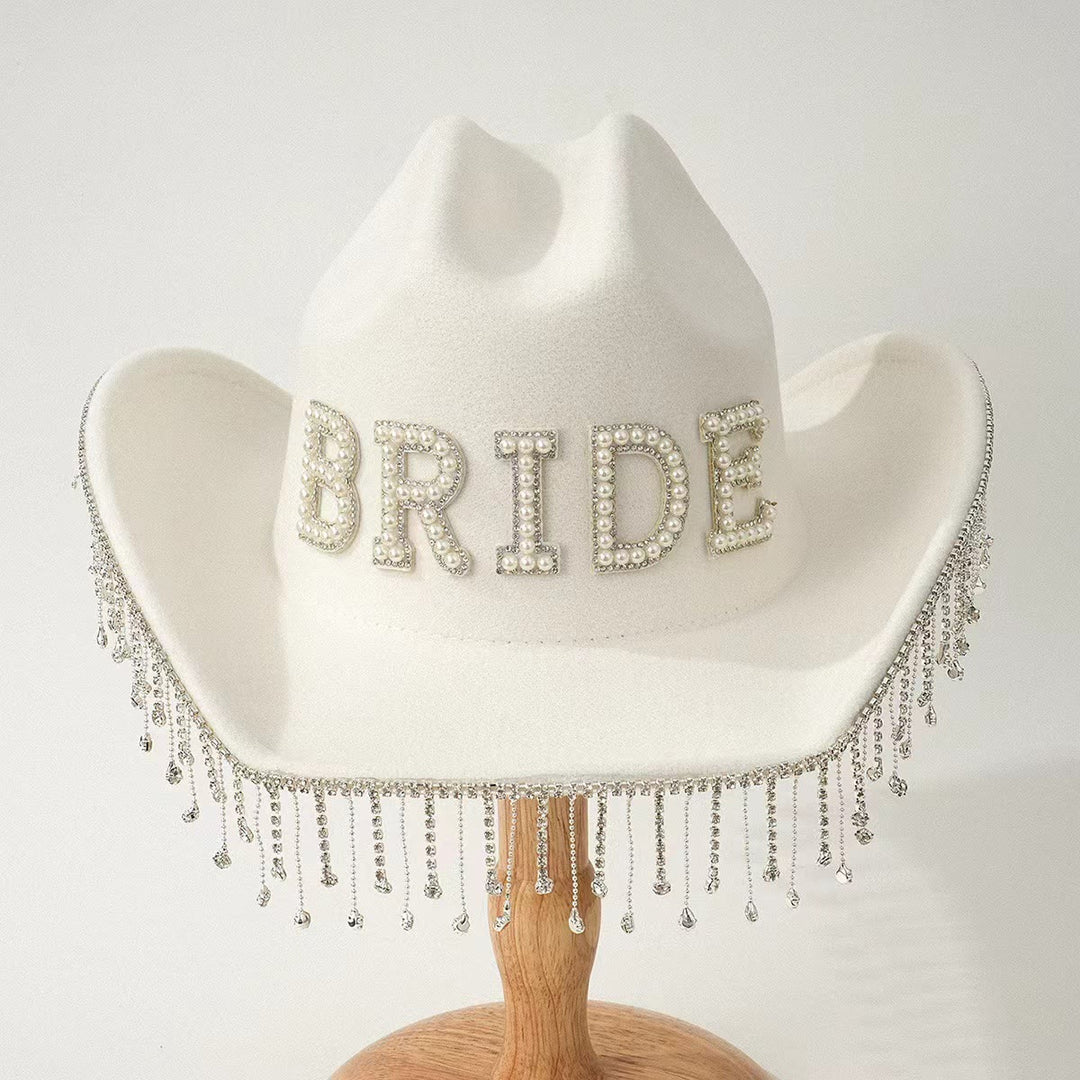 Chapeau de cowboy exquis avec pompon et perles incrustées - Blanc - Réglable (environ 21 5/8"-23 1/4") - image 2