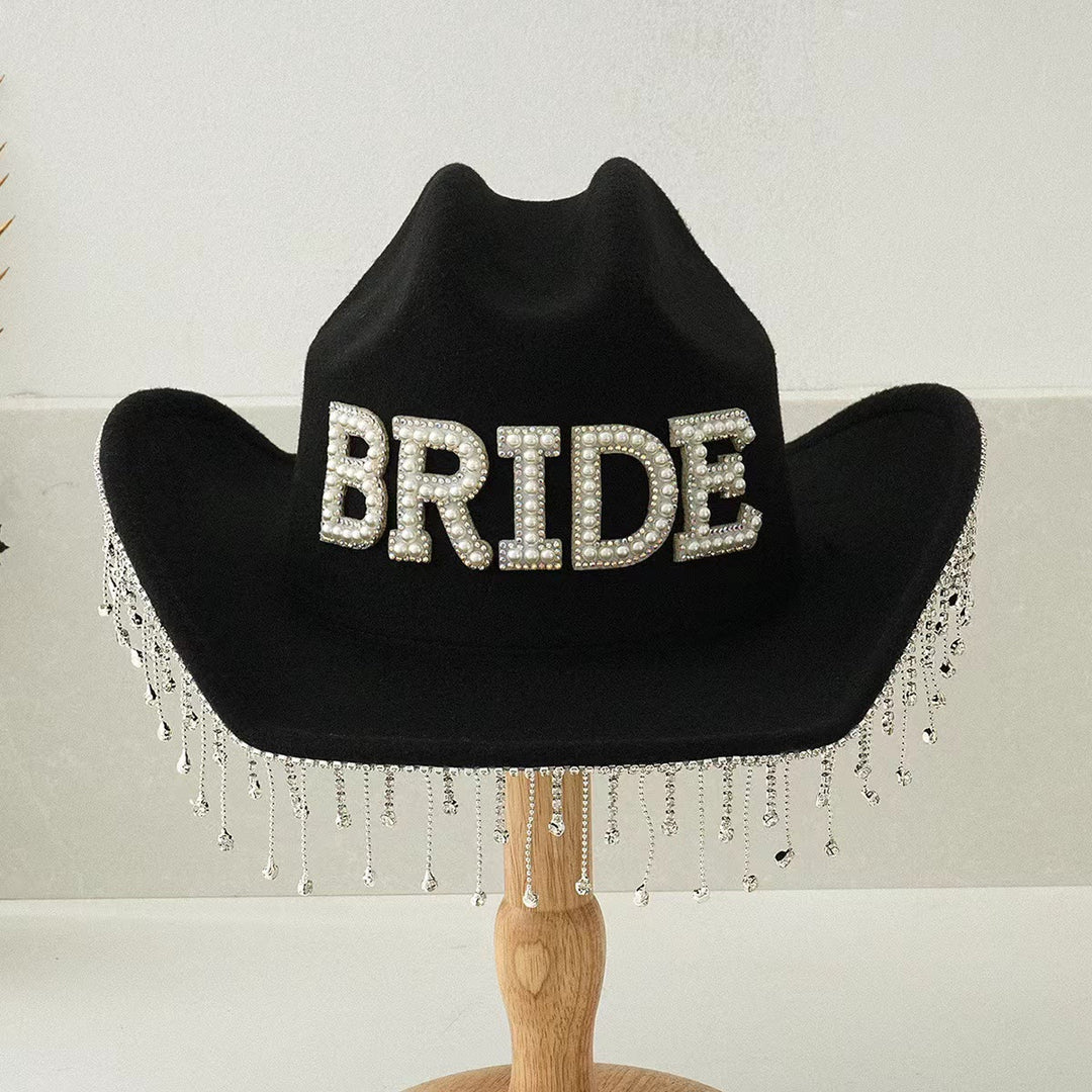 Chapeau de cowboy exquis avec pompon et perles incrustées - Noir - Réglable (environ 21 5/8"-23 1/4") - image 3