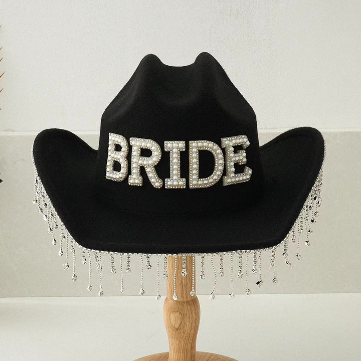 Chapeau de cowboy exquis avec pompon et perles incrustées - Noir - Réglable (environ 21 5/8"-23 1/4") - image 3