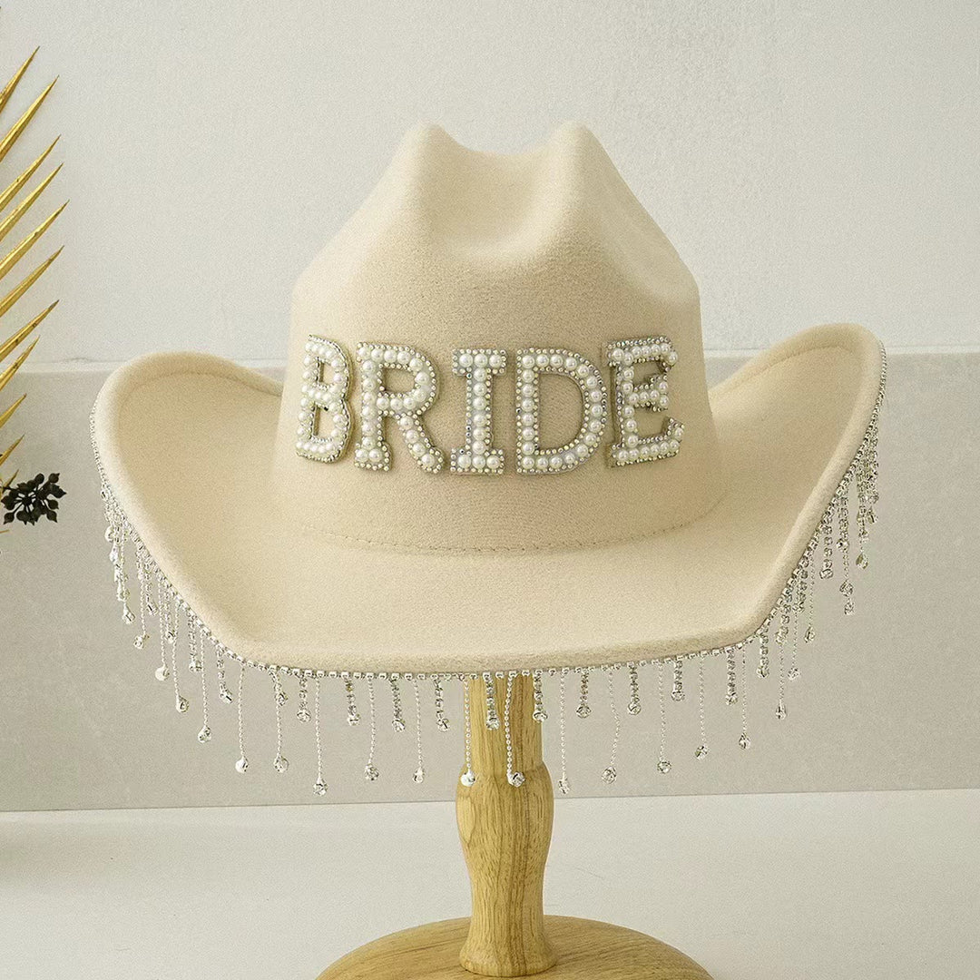 Chapeau de cowboy exquis avec pompon et perles incrustées - Champagne - Réglable (environ 21 5/8"-23 1/4") - image 4