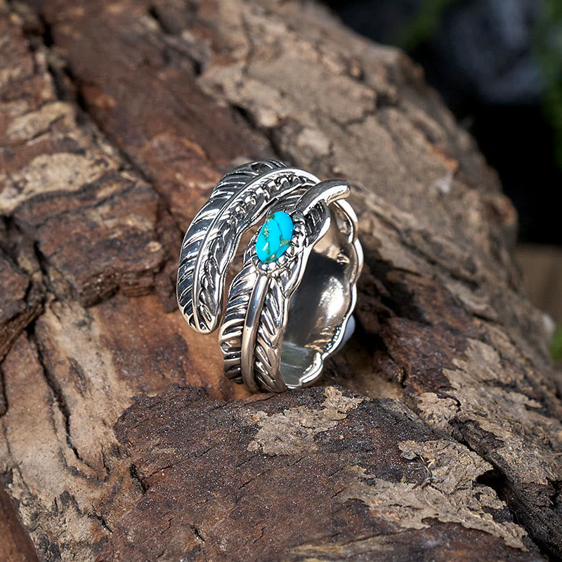 Bague en argent style bohème avec plumes turquoises incrustées - image 3