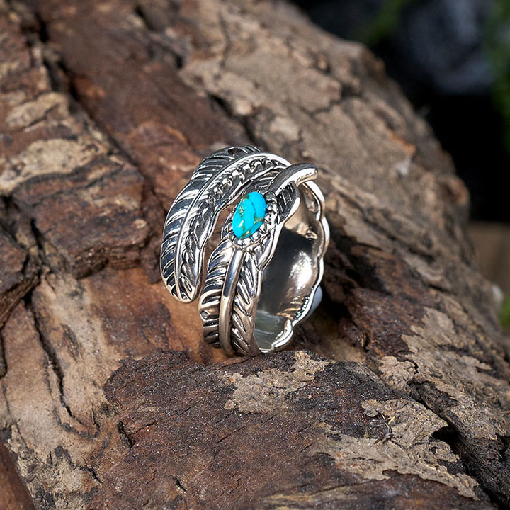 Bague en argent style bohème avec plumes turquoises incrustées - image 3