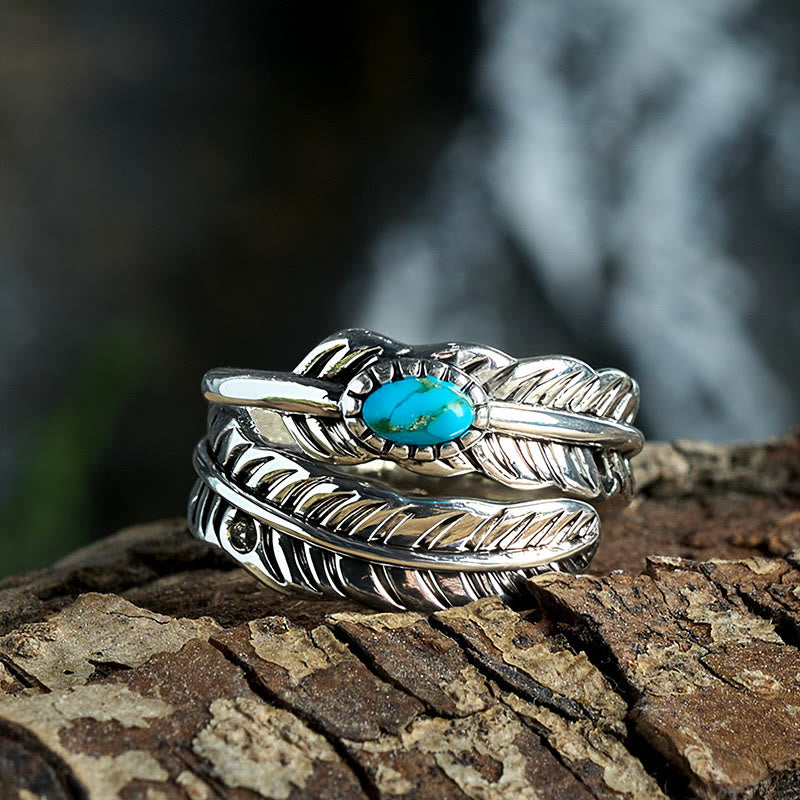 Bague en argent style bohème avec plumes turquoises incrustées - image 4