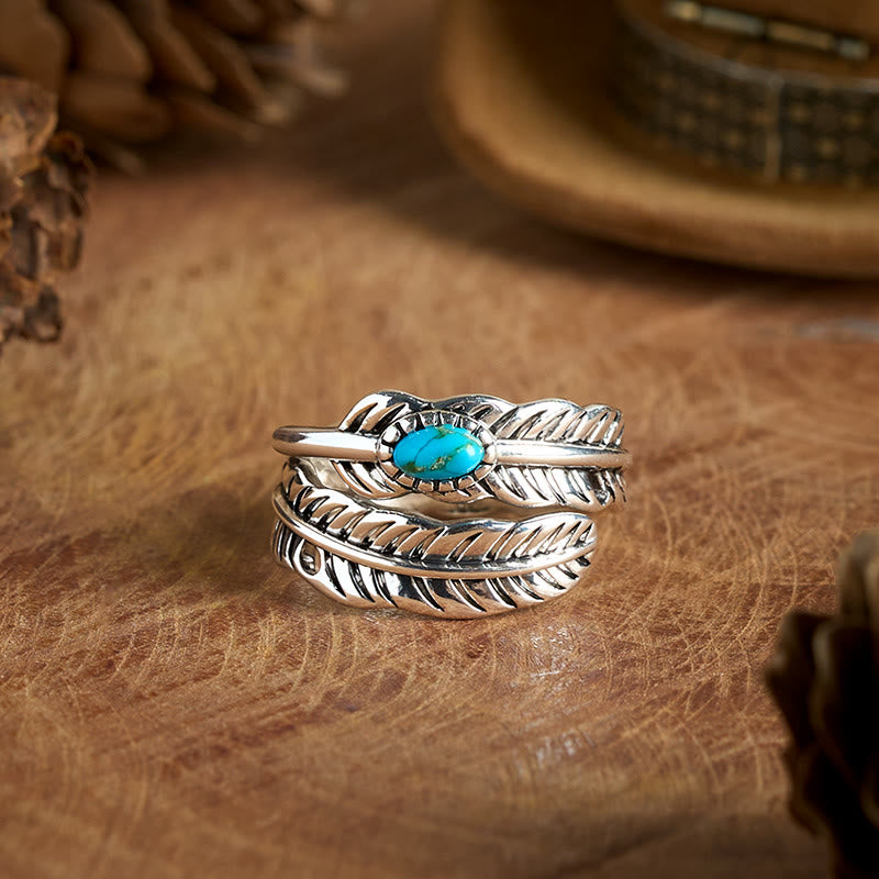 Bague en argent style bohème avec plumes turquoises incrustées - Argent - Réglable - image 0