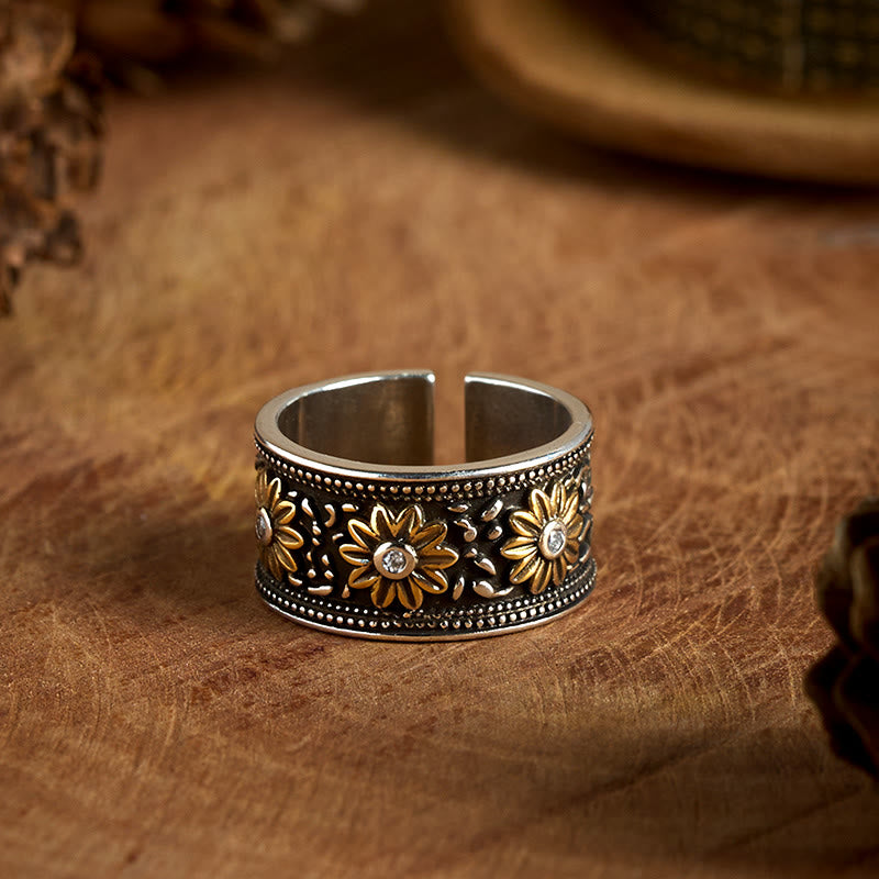 Bague ajustable rétro en argent teinté noir avec fleur - Argent - Réglable - image 0