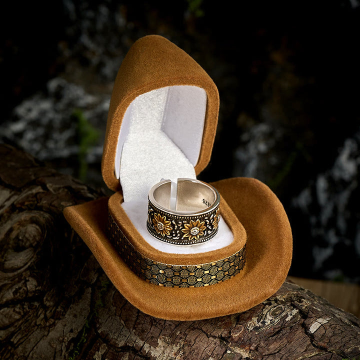 Bague ajustable rétro en argent teinté noir avec fleur - image 2