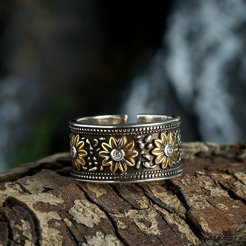 Bague ajustable rétro en argent teinté noir avec fleur - image 3