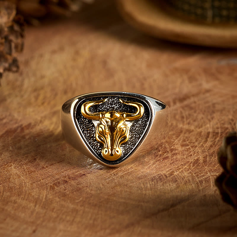 Bague ajustable à ouverture pour homme avec motif de taureau et de cheval dominateur - Or antique - image 0