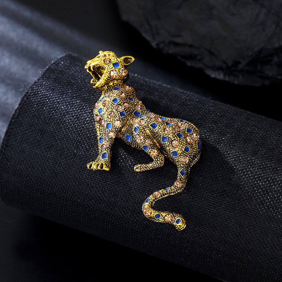 Broche léopard carrée bleue sertie de diamants dorés - Doré - image 0