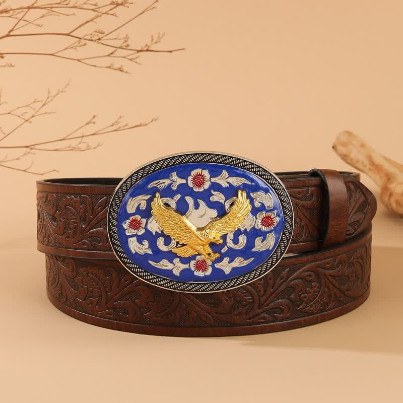 Ceinture en cuir à motif floral en relief avec boucle bleue Gold Eagle - Bleu et or - 40 - image 0
