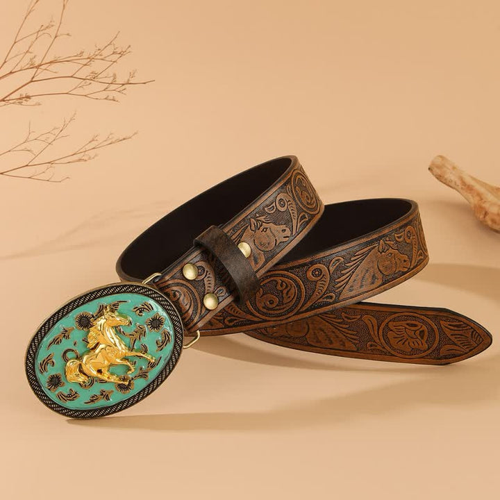Ceinture en cuir gaufré à boucle turquoise motif cheval doré - image 2