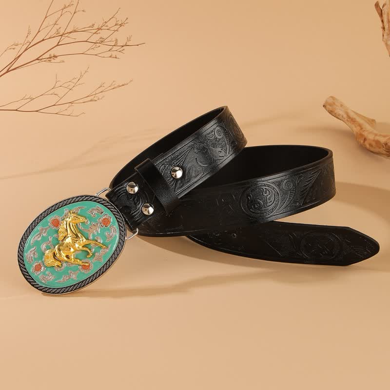 Ceinture en cuir noir gaufré à boucle turquoise sur le thème du cheval - image 2