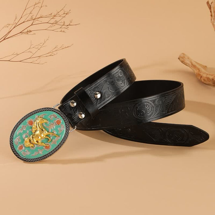 Ceinture en cuir noir gaufré à boucle turquoise sur le thème du cheval - image 2