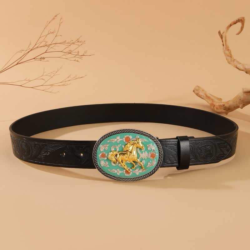 Ceinture en cuir noir gaufré à boucle turquoise sur le thème du cheval - image 3