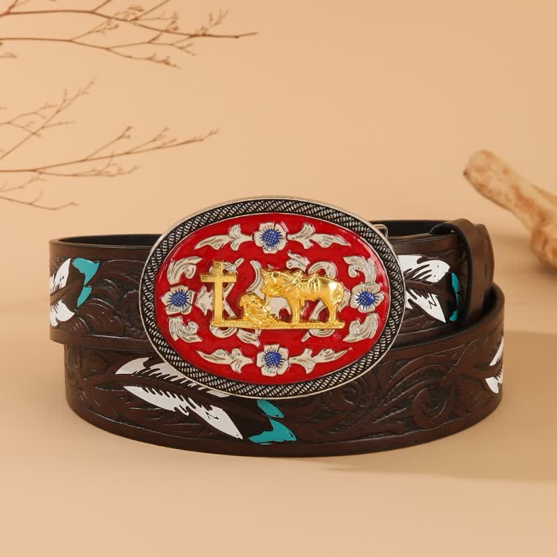 Ceinture en cuir marron avec boucle rouge et plumes de cheval en croix priant - Rouge et Or - 40 - image 0