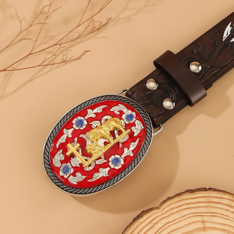 Ceinture en cuir marron avec boucle rouge et plumes de cheval en croix priant - image 1