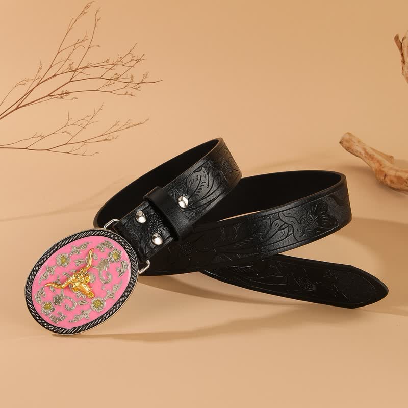 Ceinture en cuir gaufré à boucle rose motif taureau - image 2