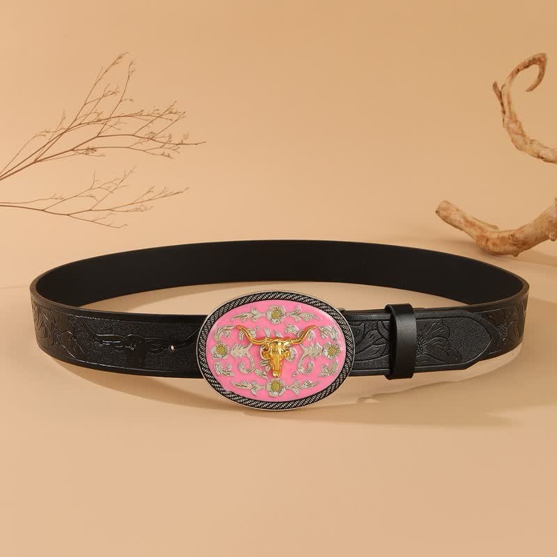 Ceinture en cuir gaufré à boucle rose motif taureau - image 3