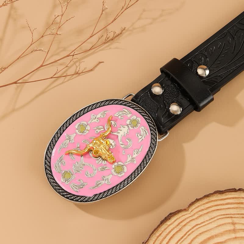 Ceinture en cuir gaufré à boucle rose motif taureau - image 1