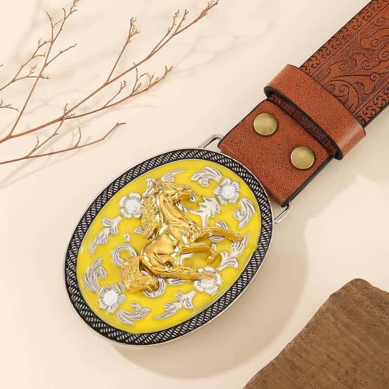 Ceinture en cuir gaufré avec boucle jaune « Cheval au galop » - image 1