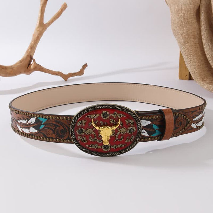Ceinture en cuir à rivets et plumes avec boucle rouge foncé et taureau Longhorn - image 3