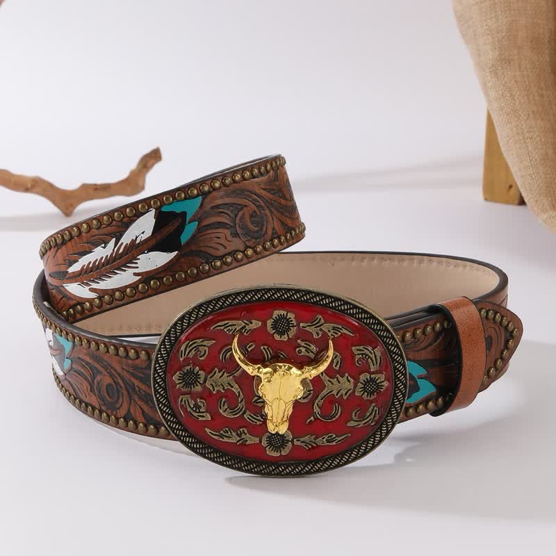 Ceinture en cuir à rivets et plumes avec boucle rouge foncé et taureau Longhorn - Rouge foncé et or - 38 - image 0