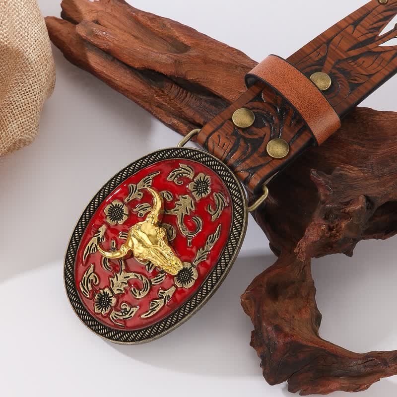 Ceinture en cuir à rivets et plumes avec boucle rouge foncé et taureau Longhorn - image 1