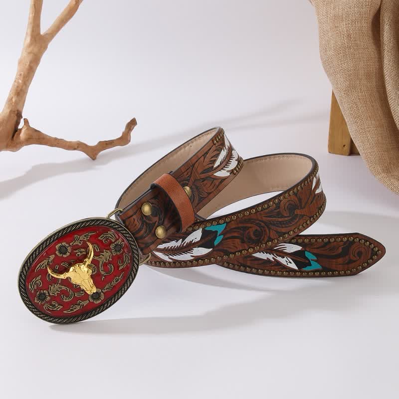 Ceinture en cuir à rivets et plumes avec boucle rouge foncé et taureau Longhorn - image 2