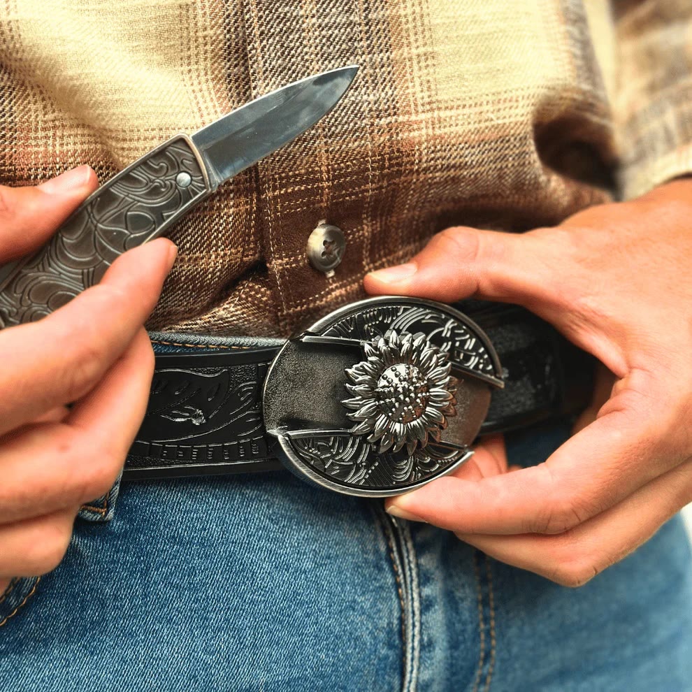 Ceinture en cuir pour homme avec couteau pliant caché tournesol - image 5