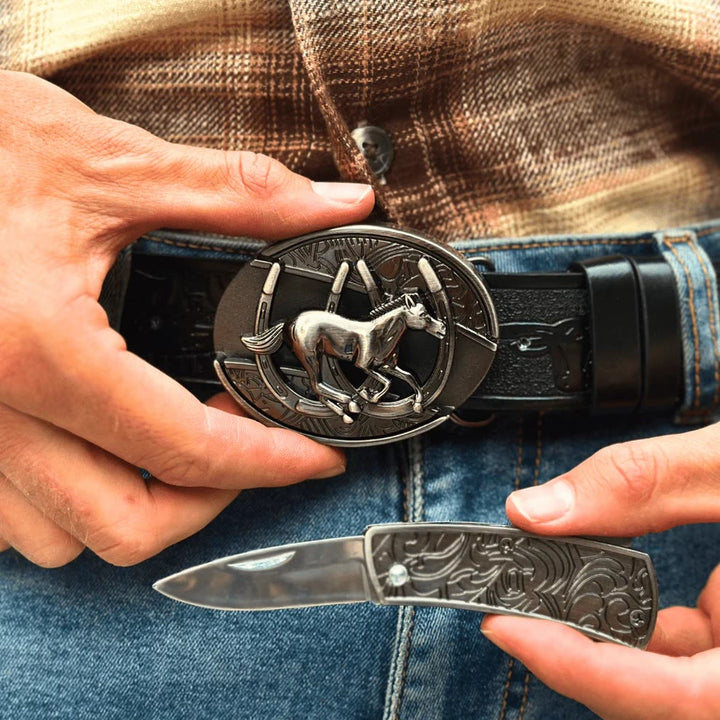 Ceinture en cuir pour homme avec couteau pliant caché et cheval galopant - image 5