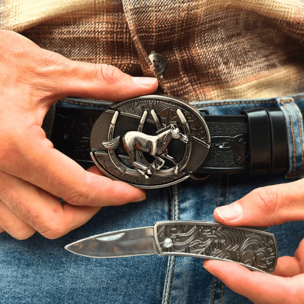 Ceinture en cuir pour homme avec couteau pliant caché et cheval galopant - image 5