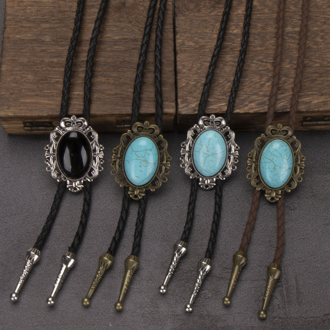 Cravate bolo à pendentif elliptique turquoise rétro western - image 0