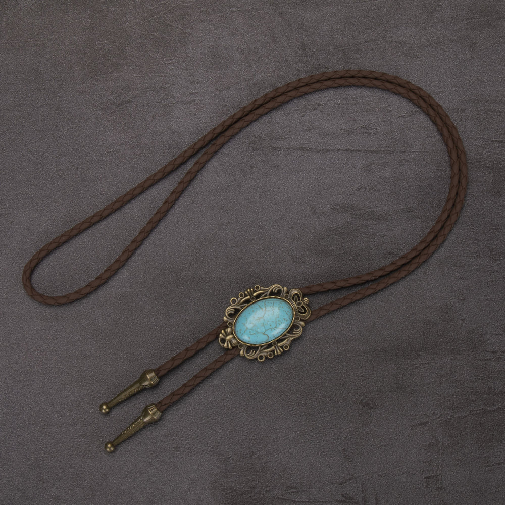 Cravate bolo à pendentif elliptique turquoise rétro western - #1 - image 1