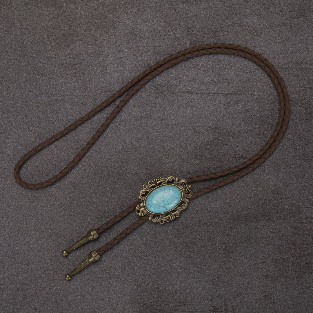 Cravate bolo à pendentif elliptique turquoise rétro western - #1 - image 1