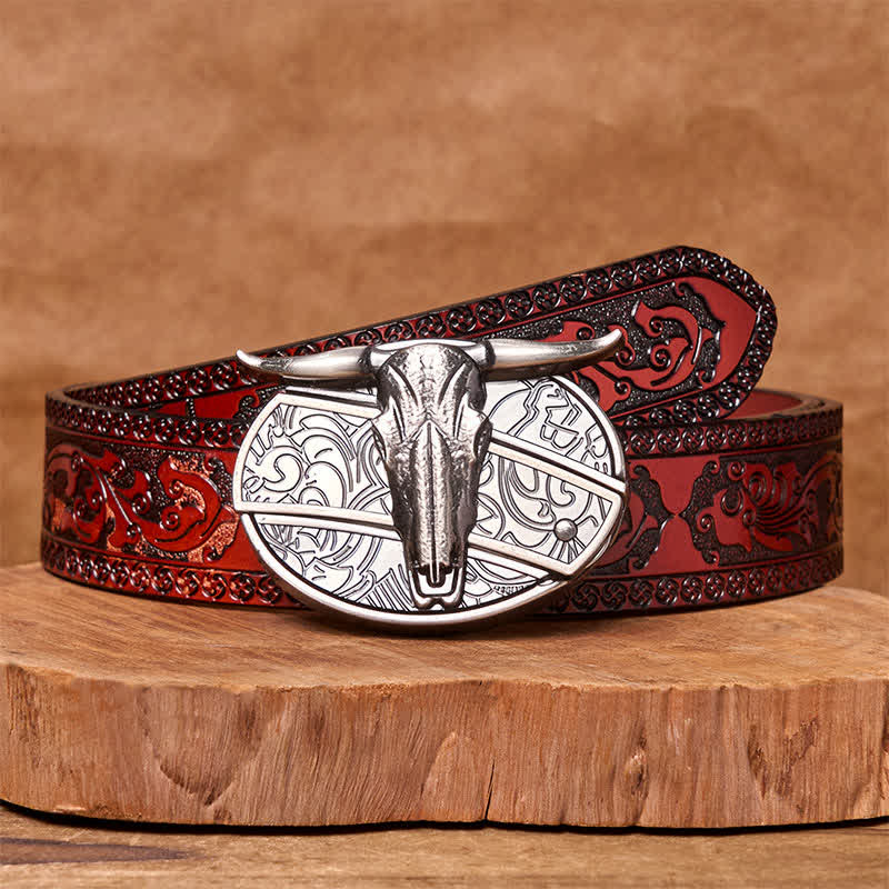 Ceinture en cuir avec boucle vintage western argentée et couteau caché à faire soi-même en forme de tête de taureau - Ceinture marron sculptée - 42 - image 9