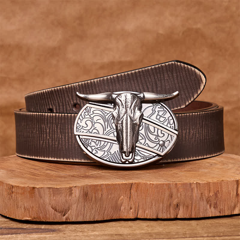 Ceinture en cuir avec boucle vintage western argentée et couteau caché à faire soi-même en forme de tête de taureau - Ceinture marron vieillie - 42 - image 8
