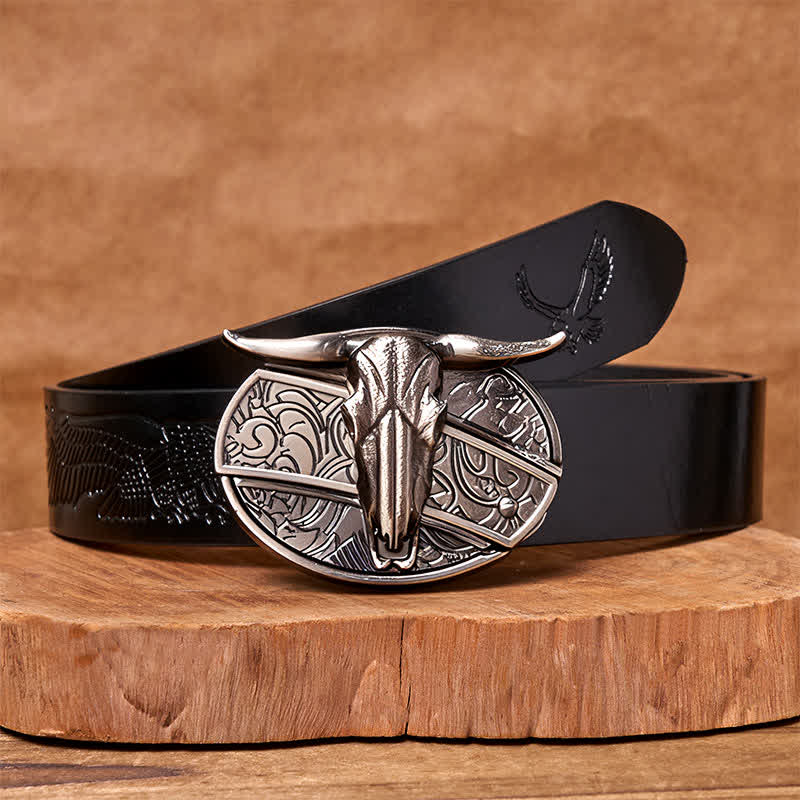 Ceinture en cuir avec boucle vintage western argentée et couteau caché à faire soi-même en forme de tête de taureau - Ceinture noire avec aigle en relief - 42 - image 4