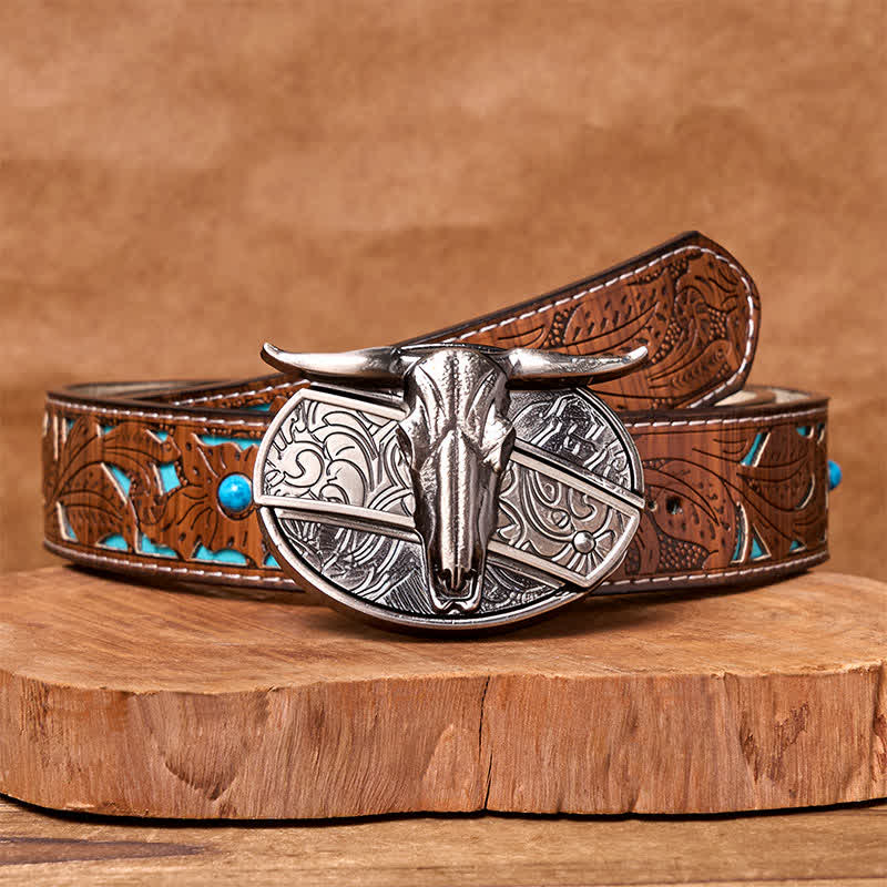 Ceinture en cuir avec boucle vintage western argentée et couteau caché à faire soi-même en forme de tête de taureau - Ceinture sculptée en turquoise - 42 - image 5