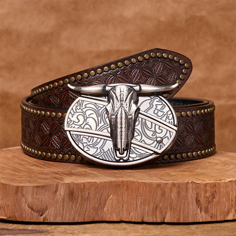 Ceinture en cuir avec boucle vintage western argentée et couteau caché à faire soi-même en forme de tête de taureau - Ceinture à rivets marron - 42 - image 7