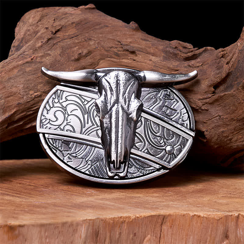 Ceinture en cuir avec boucle vintage western argentée et couteau caché à faire soi-même en forme de tête de taureau - Sans ceinture - Ceinture non incluse - image 0