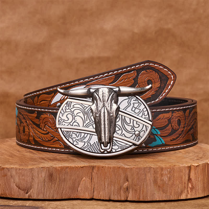 Ceinture en cuir avec boucle vintage western argentée et couteau caché à faire soi-même en forme de tête de taureau - Ceinture à plumes marron - 40 - image 9