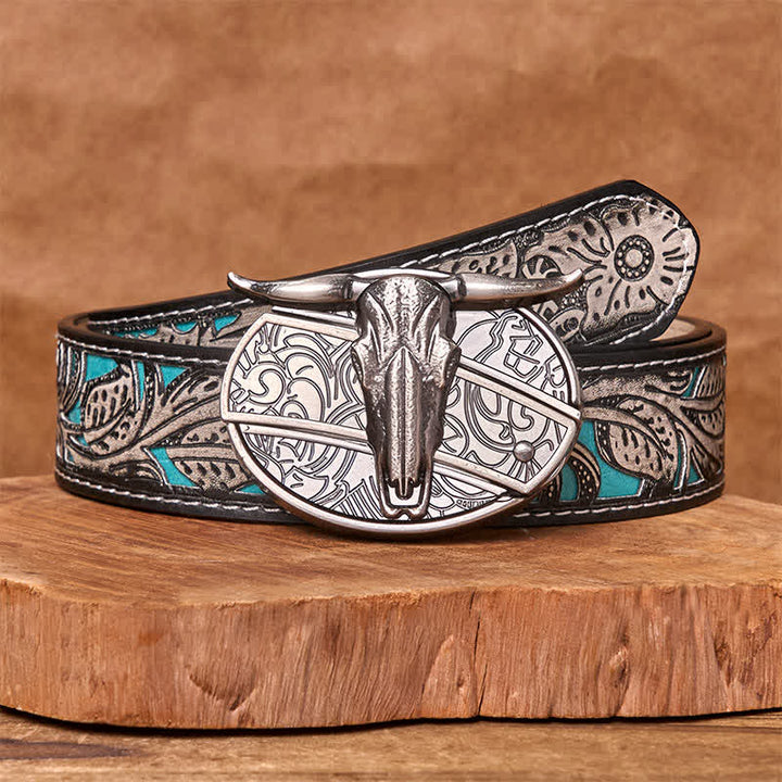 Ceinture en cuir avec boucle vintage western argentée et couteau caché à faire soi-même en forme de tête de taureau - Ceinture fleurie grise - 42 - image 11