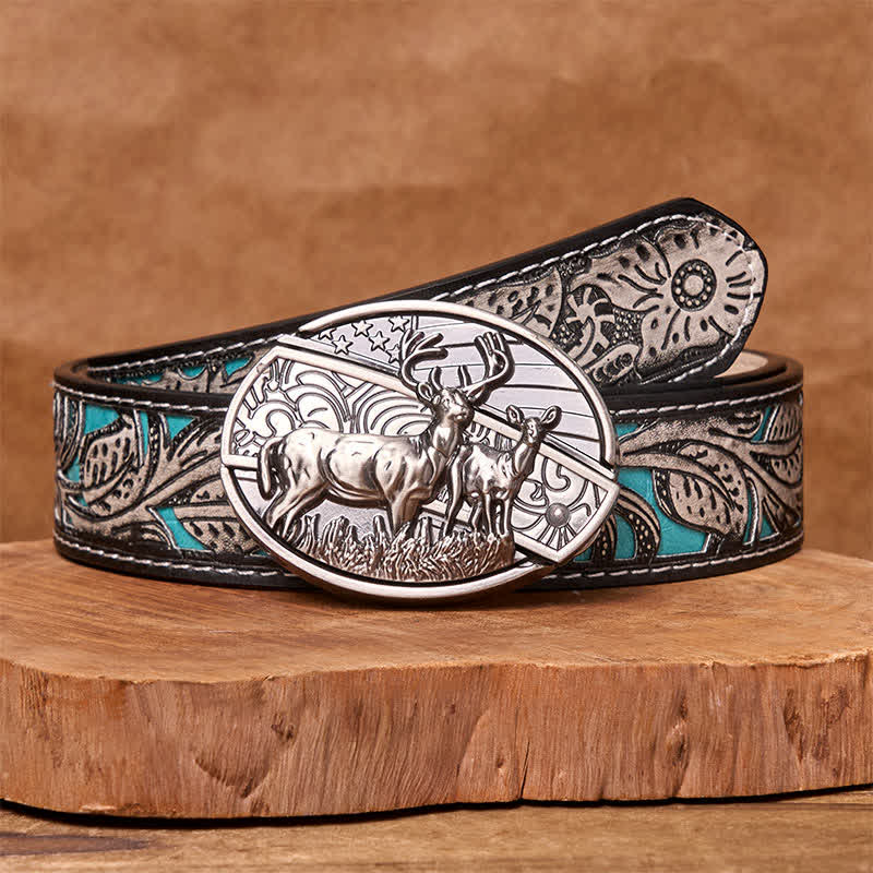 Ceinture en cuir pour homme avec couteau pliant caché et drapeau de cerf - Cerf - Ceinture fleurie grise - 42 - image 13