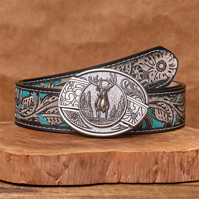 Ceinture en cuir pour homme avec couteau pliant caché en forme de cerf forestier - Cerf - Ceinture fleurie grise - 42 - image 12