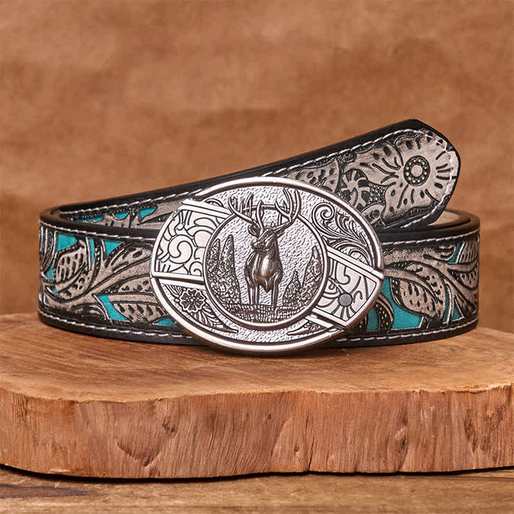 Ceinture en cuir pour homme avec couteau pliant caché en forme de cerf forestier - Cerf - Ceinture fleurie grise - 42 - image 12