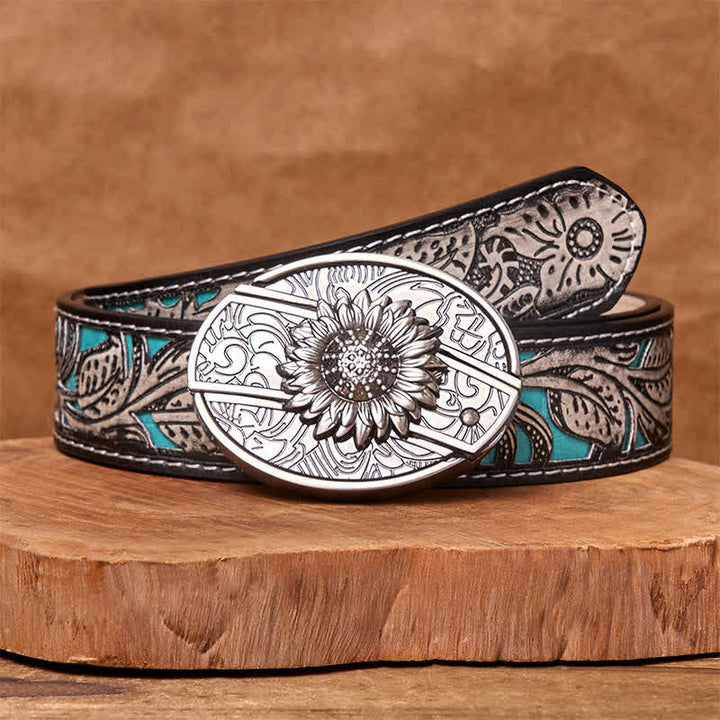 Ceinture en cuir pour homme avec couteau pliant caché tournesol - Tournesol - Ceinture fleurie grise - 42 - image 12
